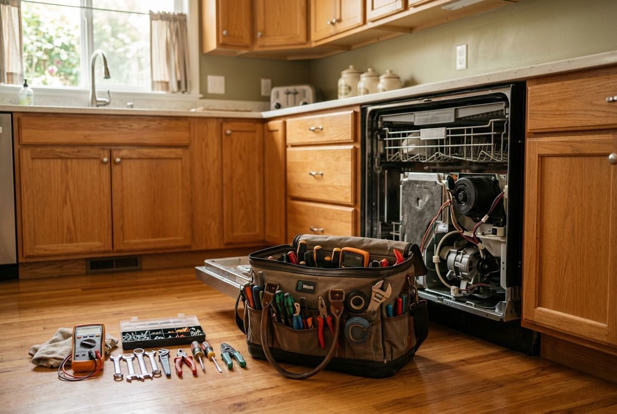 Appliance repair technician at work